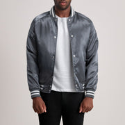 Xander Grigio Varsity Giacca in Pelle da Uomo - Lateral Side Profile View Showing Sleeve Cut &amp; Athletic Taper Fit