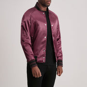 Maroon Satin Varsity Jacket - Vista posteriore Showing Tailored Shoulder Fit &amp; Clean Hemline