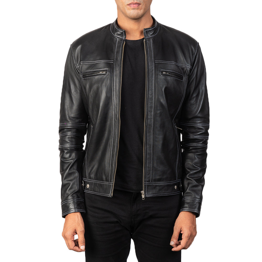 Youngster Distressed Black Leather Jacket in Black Goatskin Snuffed - Vista frontale e linea su misura | Acquista online