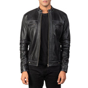 Youngster Distressed Black Leather Jacket in Black Goatskin Snuffed - Vista frontale e linea su misura | Acquista online
