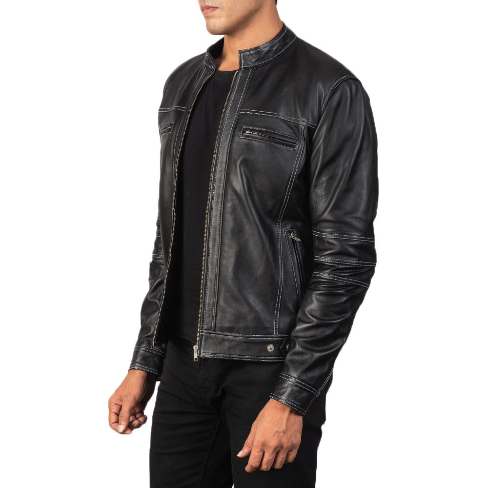 Black Goatskin Snuffed Biker Jacket - Vista posteriore Showing Tailored Shoulder Fit &amp; Clean Hemline
