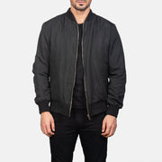 Men's Zack Nero Bomber in Pelle da Uomo in Black Polyester - Vista frontale e linea su misura | Acquista online