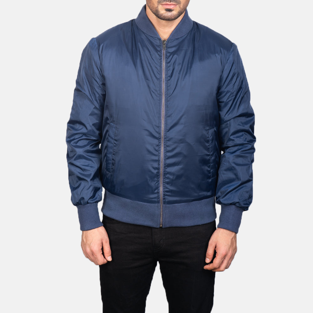 Dettaglio ravvicinato of Varsity &amp; Zipper Hardware on Men's Zack Blu Bomber in Pelle da Uomo