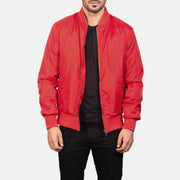 Men's Zack Rosso Bomber in Pelle da Uomo in Red Nylon - Vista frontale e linea su misura | Acquista online