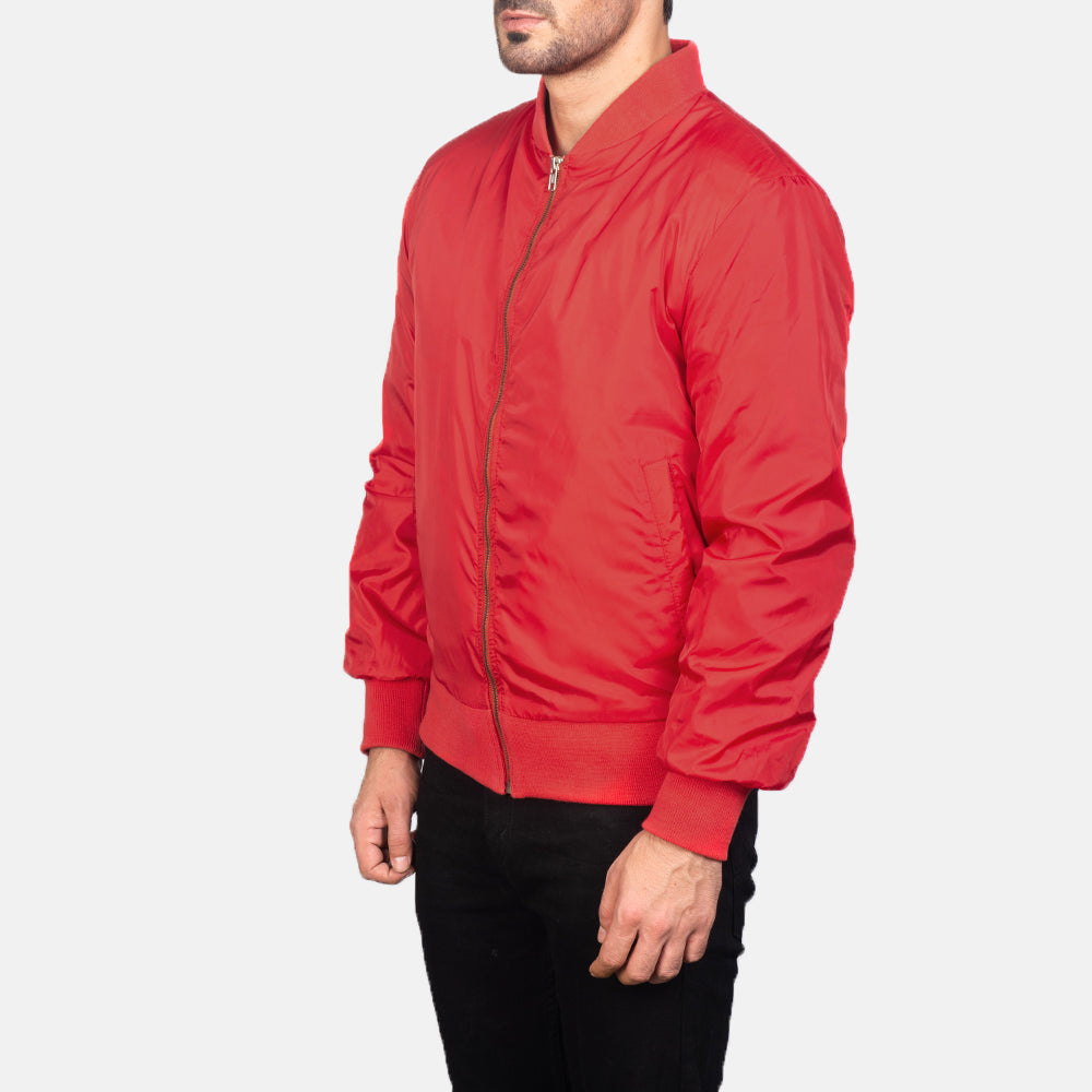 Red Nylon Bomber Jacket - Vista posteriore Showing Tailored Shoulder Fit &amp; Clean Hemline