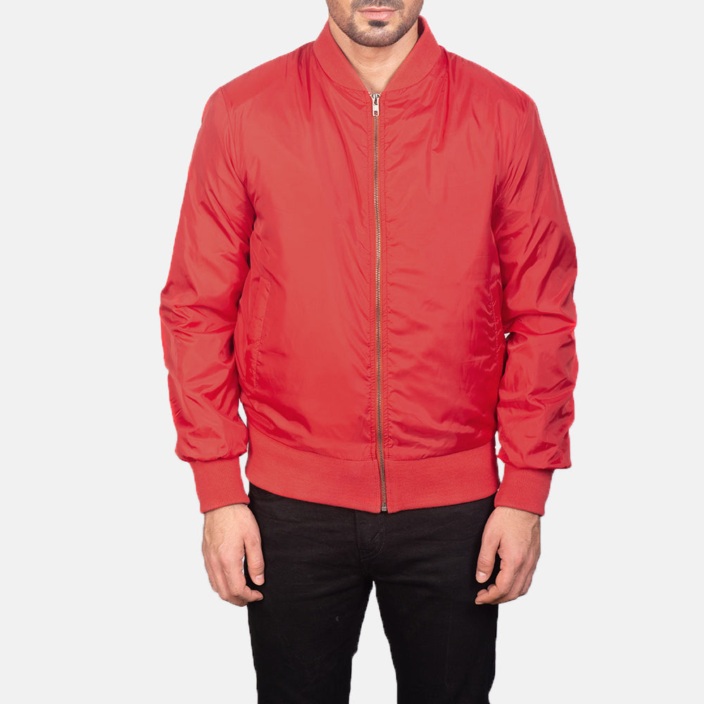 Dettaglio ravvicinato of Varsity &amp; Zipper Hardware on Men's Zack Rosso Bomber in Pelle da Uomo