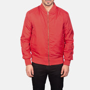Dettaglio ravvicinato of Varsity &amp; Zipper Hardware on Men's Zack Rosso Bomber in Pelle da Uomo