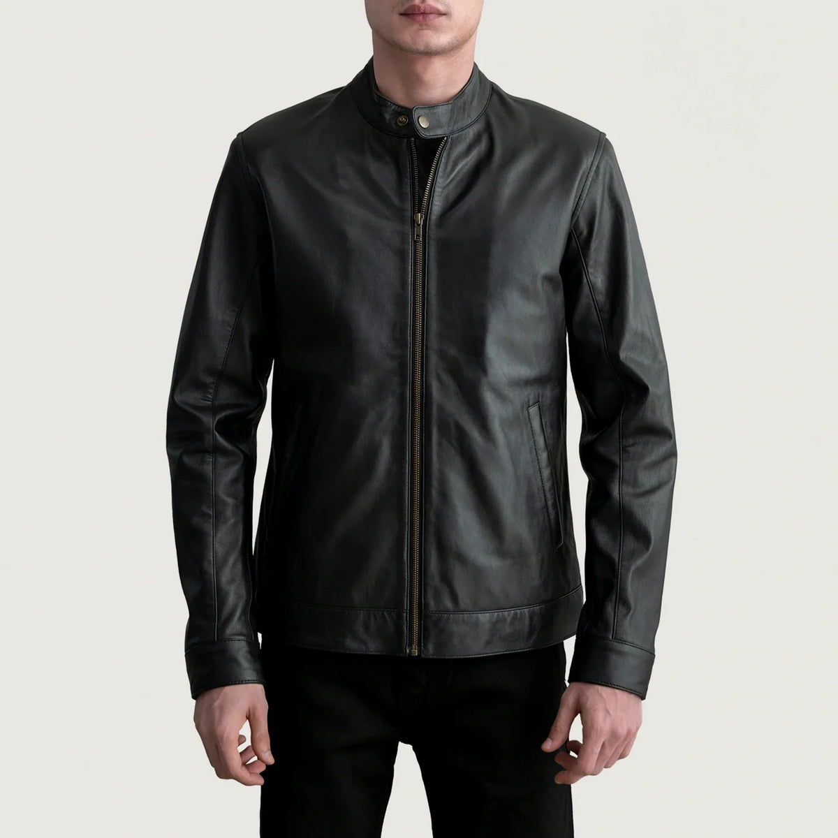 Zen Nero Giacca Biker in Pelle da Uomo in Black Sheepskin Leather - Vista frontale e linea su misura | Acquista online