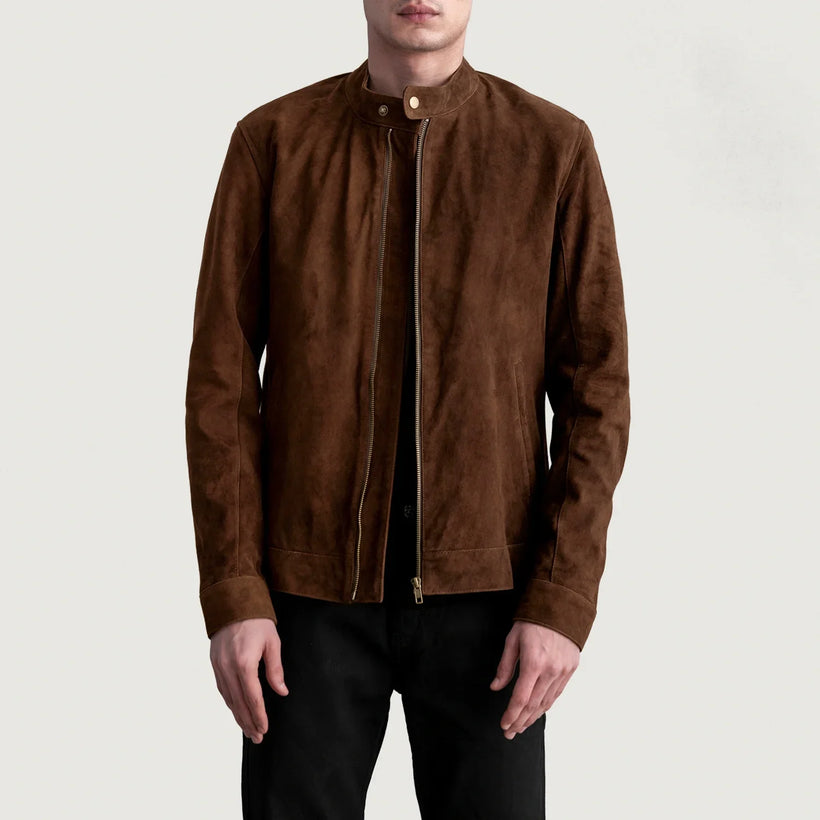 Zen Marrone Suede Giacca Biker in Pelle da Uomo