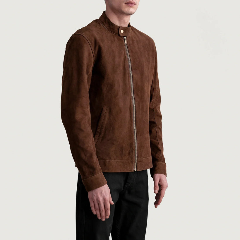 Zen Marrone Suede Giacca Biker in Pelle da Uomo