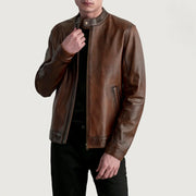 Zen Effetto Usurato Marrone Giacca Biker in Pelle da Uomo in Distressed Brown Sheepskin Leather - Vista frontale e linea su misura | Acquista online