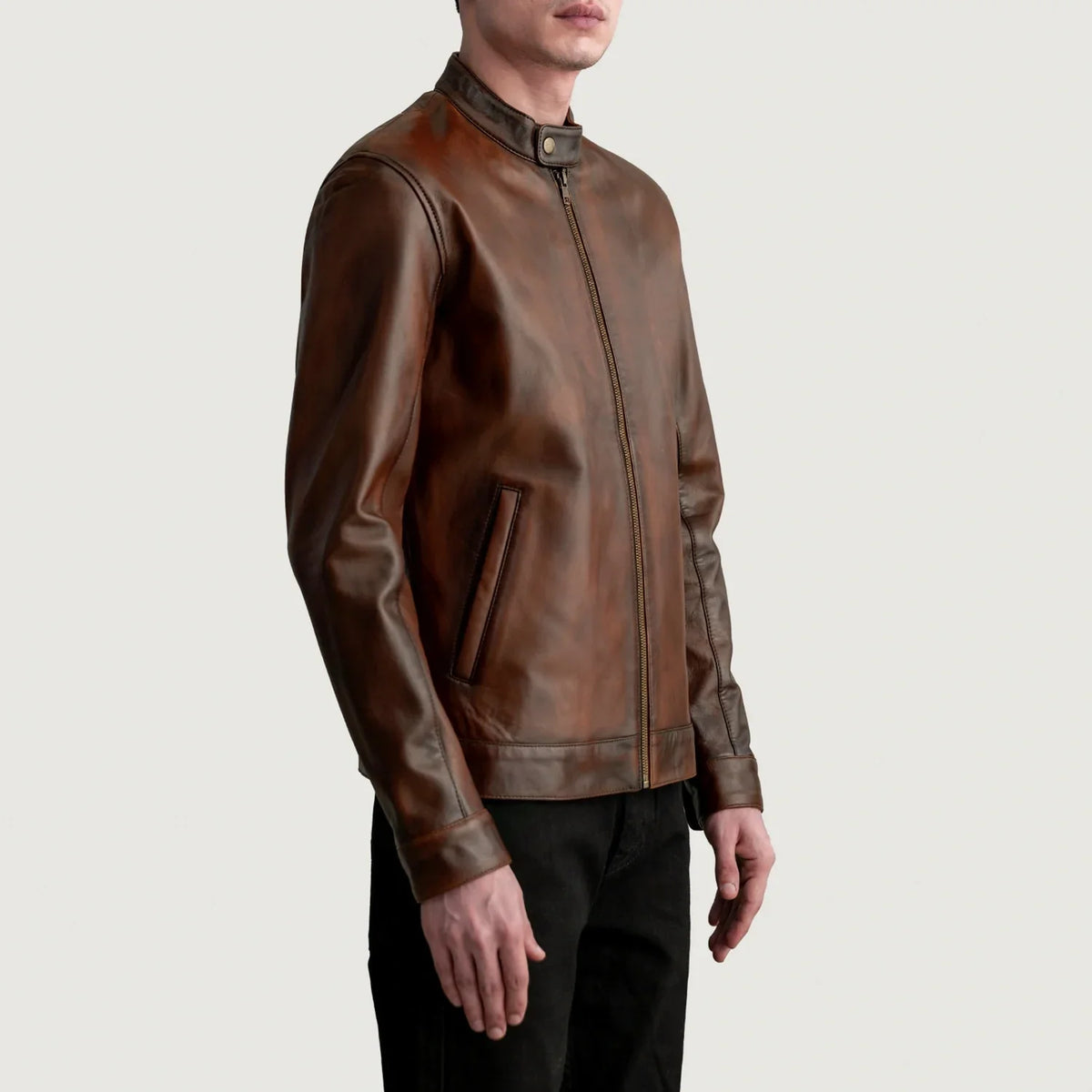 Distressed Brown Sheepskin Leather Biker Jacket - Vista posteriore Showing Tailored Shoulder Fit &amp; Clean Hemline