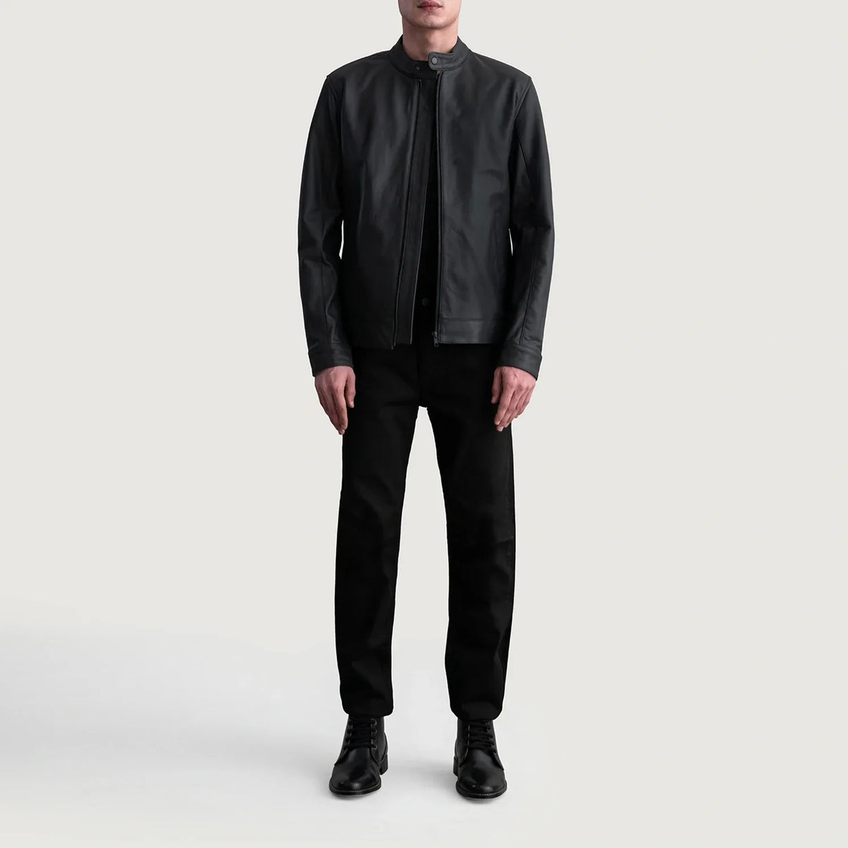 
Dettaglio ravvicinato of Snap Button & Zipper Hardware on Zen Matte Nero Giacca Biker in Pelle da Uomo