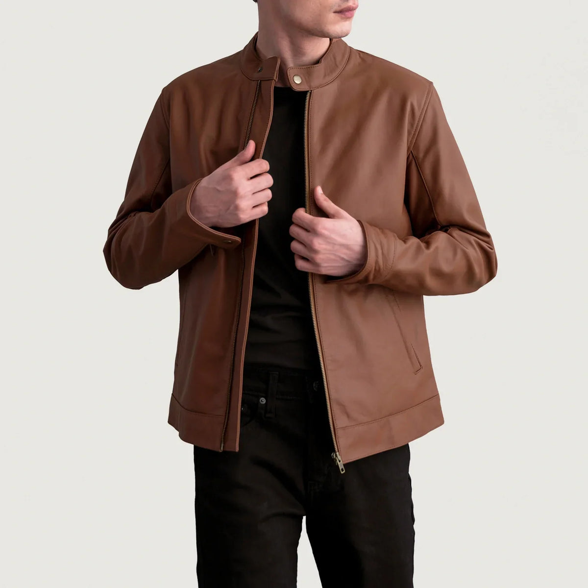 Zen Matte Marrone Giacca Biker in Pelle da Uomo in Matte Brown Cowhide Leather - Vista frontale e linea su misura | Acquista online