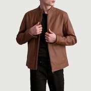 Zen Matte Marrone Giacca Biker in Pelle da Uomo in Matte Brown Cowhide Leather - Vista frontale e linea su misura | Acquista online