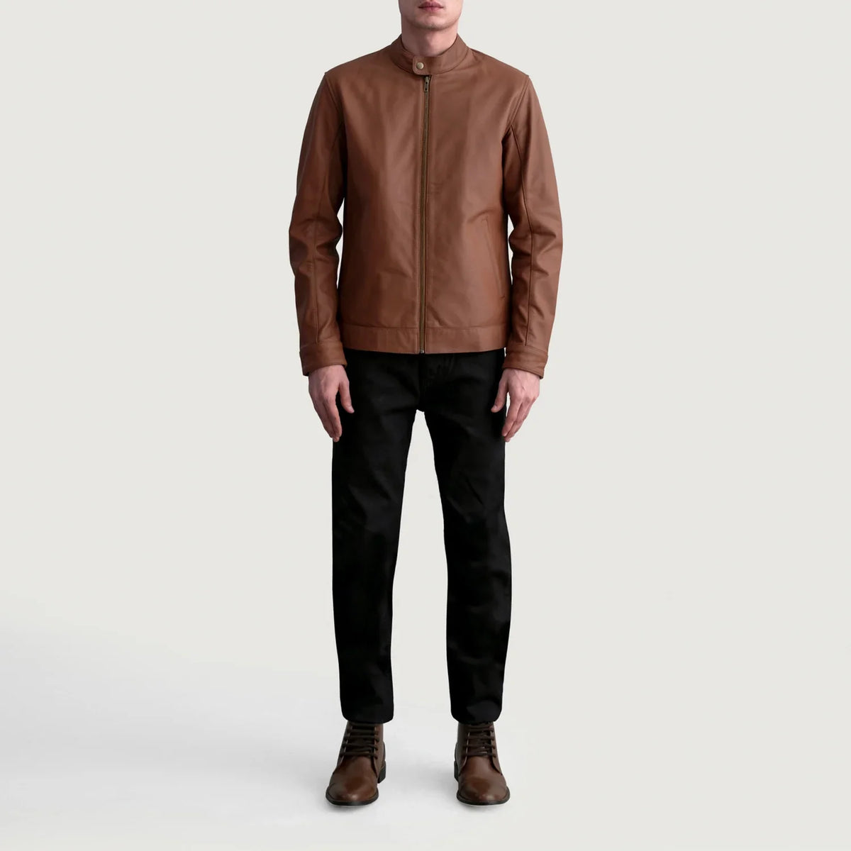 Dettaglio ravvicinato of Snap Button &amp; Zipper Hardware on Zen Matte Marrone Giacca Biker in Pelle da Uomo