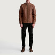 Dettaglio ravvicinato of Snap Button &amp; Zipper Hardware on Zen Matte Marrone Giacca Biker in Pelle da Uomo