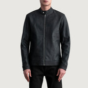 Zen Tumbled Nero Giacca Biker in Pelle da Uomo in Tumbled Black Sheepskin Leather - Vista frontale e linea su misura | Acquista online