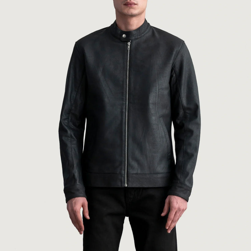 Zen Tumbled Nero Giacca Biker in Pelle da Uomo