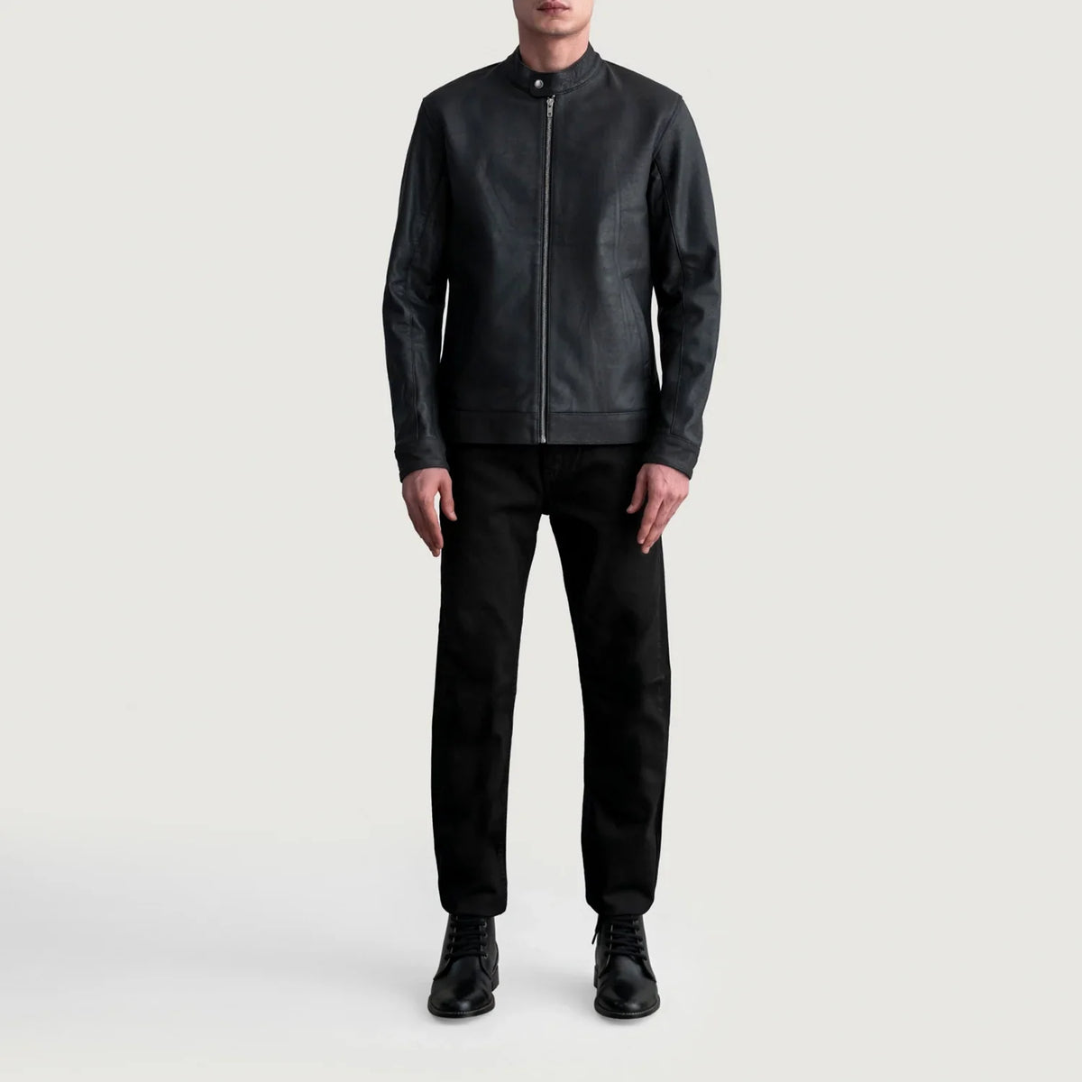 Dettaglio ravvicinato of Snap Button &amp; Zipper Hardware on Zen Tumbled Nero Giacca Biker in Pelle da Uomo