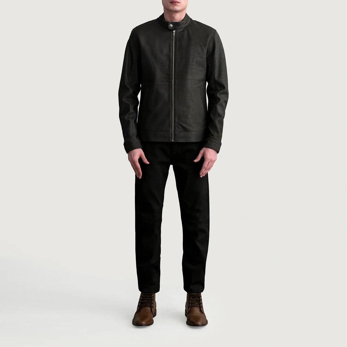Dettaglio ravvicinato of Snap Button &amp; Zipper Hardware on Zen Tumbled Marrone Giacca Biker in Pelle da Uomo