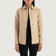 Women's Zenith Beige Leather Shirt Jacket in Beige Sheepskin Leather - Vista frontale e linea su misura | Acquista online