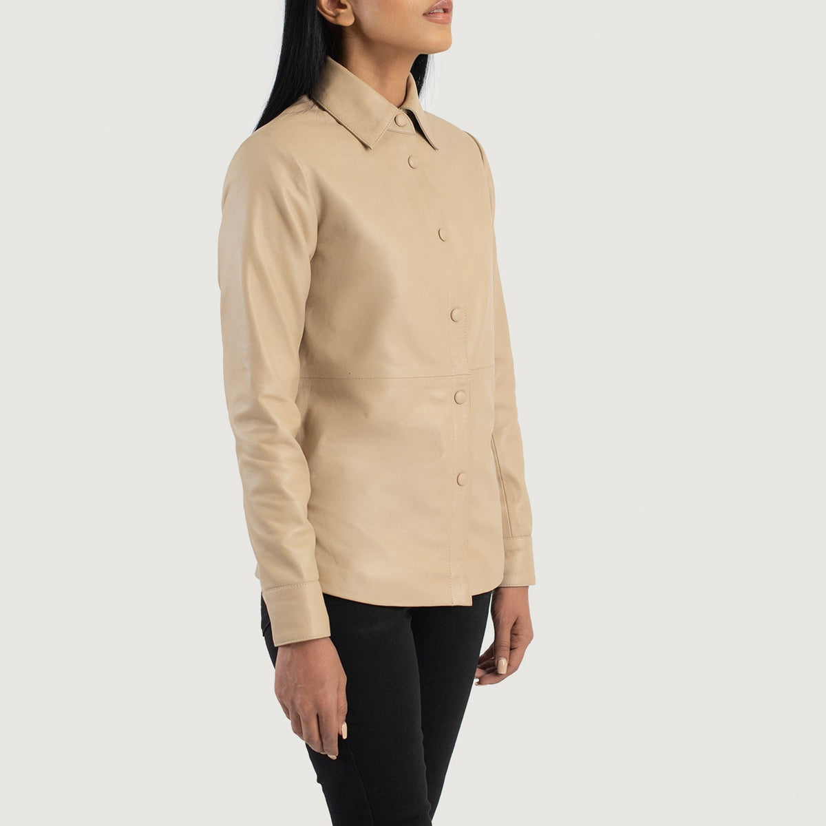 Beige Sheepskin Leather Biker Jacket - Vista posteriore Showing Tailored Shoulder Fit &amp; Clean Hemline