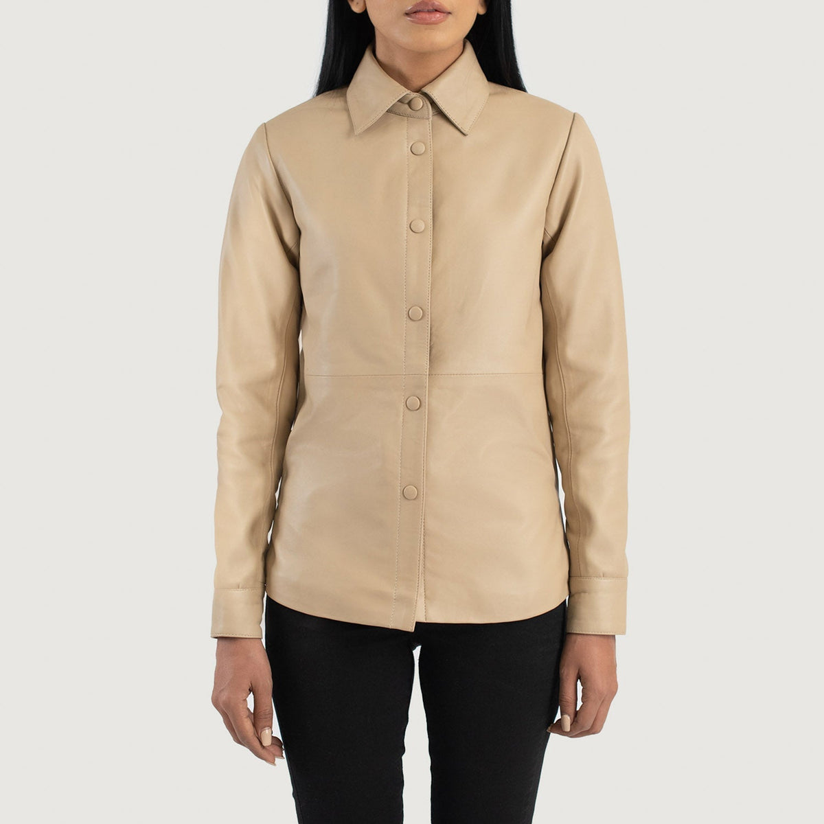 Dettaglio ravvicinato of Shirt &amp; Leather Buttons Hardware on Women's Zenith Beige Leather Shirt Jacket